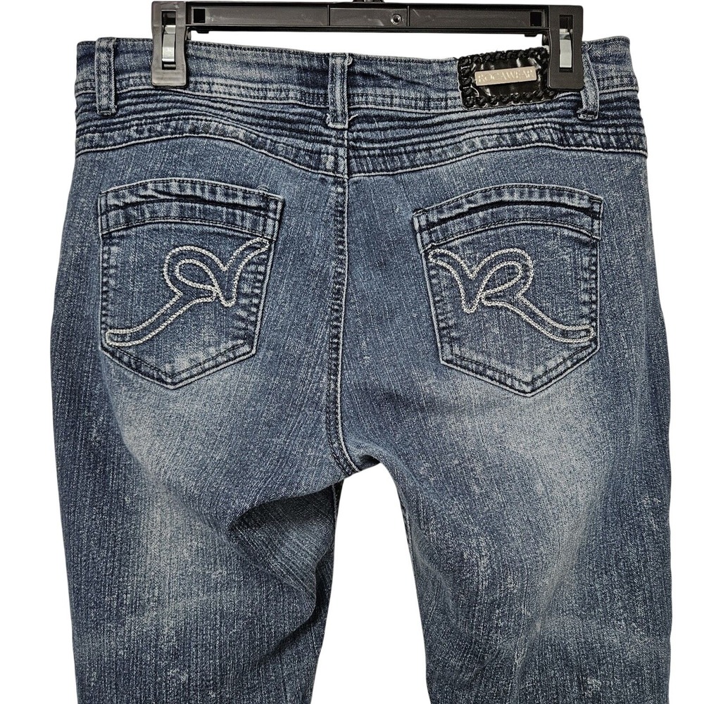 Rocawear Jeans Women 11 Blue Moto Skinny Acid Wash Embroidered Pockets Ribbed